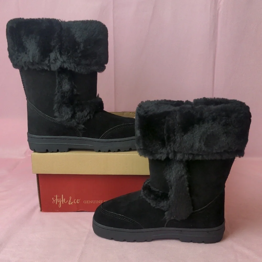 Style & Co Genuine Suede Fluffy Black Witty Black  Boots size 5